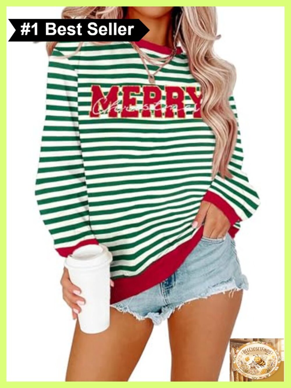 Women's Christmas Embroidered Merry Striped Sweatshirt Long Sleeve Crewneck